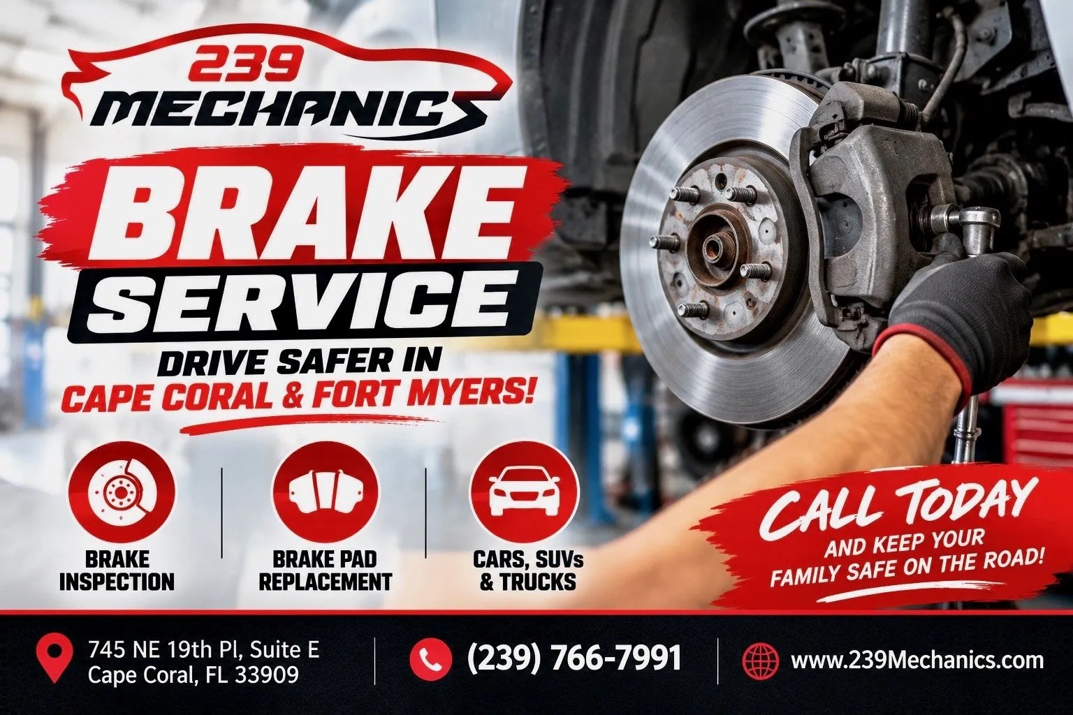 Brake Service at 239 Mechanics — drive safer in Cape Coral and Fort Myers. Brake inspection, brake pad replacement, cars, SUVs and trucks. Call today: (239) 766-7991.