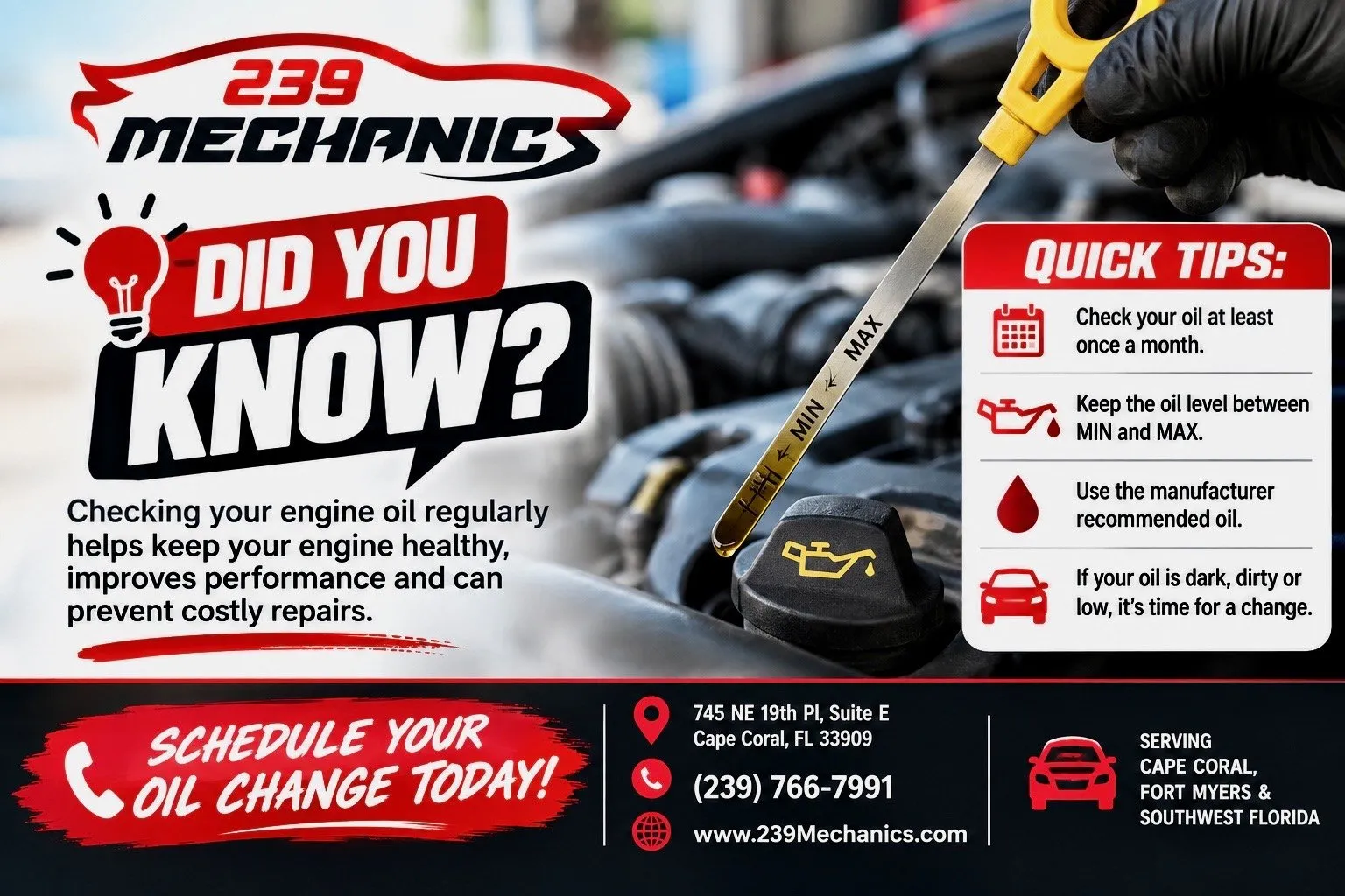 Did you know? Checking your engine oil regularly helps keep your engine healthy. Quick tips: check your oil at least once a month, keep the level between MIN and MAX, use the manufacturer recommended oil, and if your oil is dark, dirty or low it's time for a change.