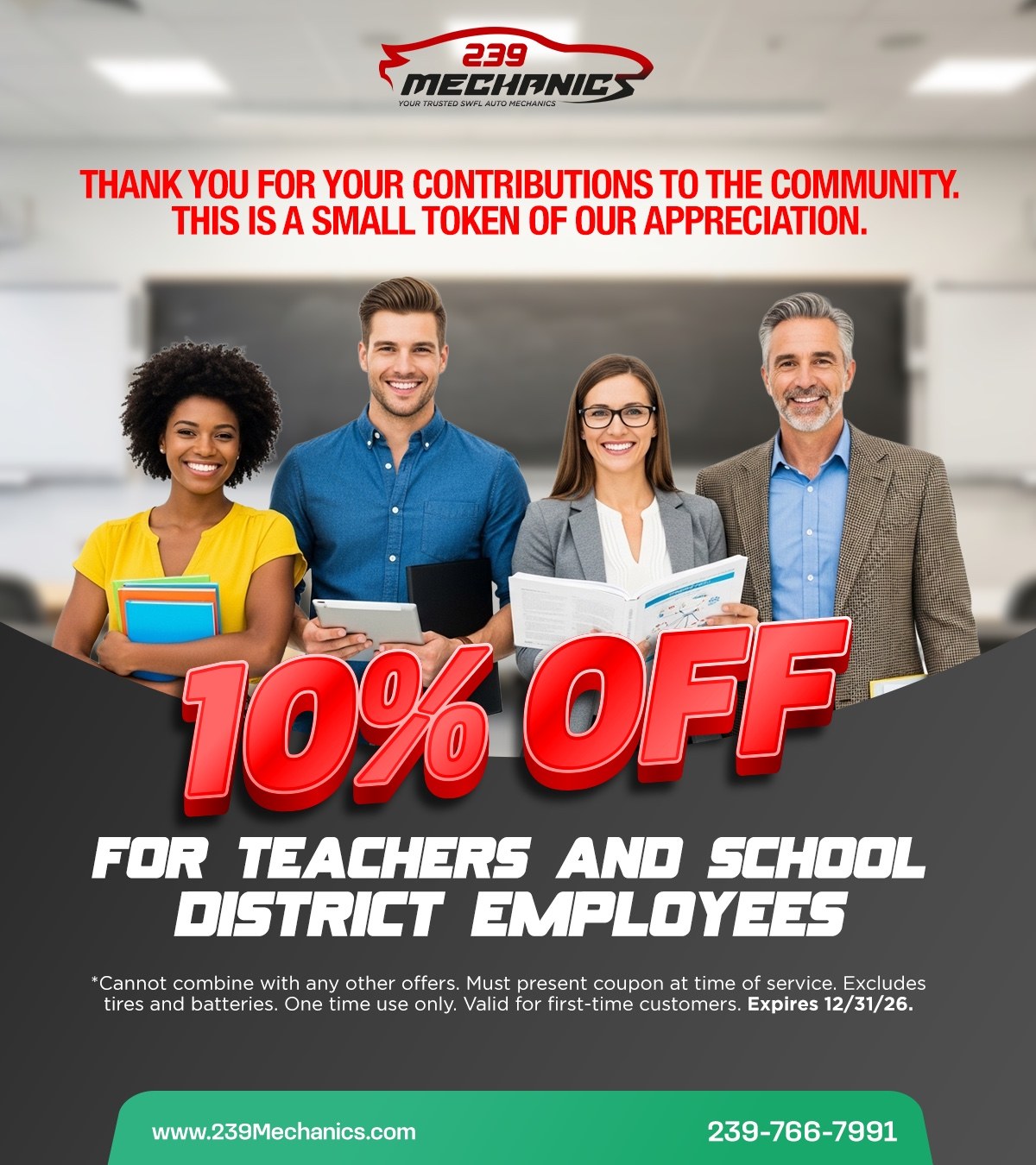 10% off for teachers and school district employees at 239 Mechanics